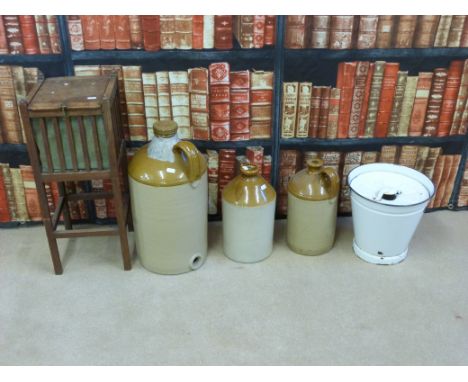 An oak sewing box together with three cider flagons and an enamel bucket 