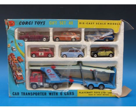 Corgi Toys gift set 48 car transporter with automatic coupling Ford 'H' series tilt cab and six cars in original box
