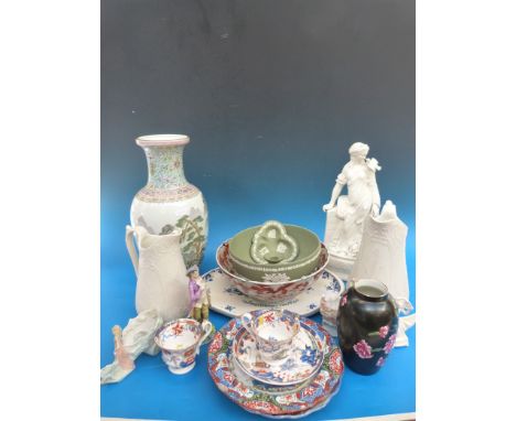 Mixed ceramics including a Chinese vase, Wedgwood parian figurine, Carltonware vase, salt glazed jugs etc