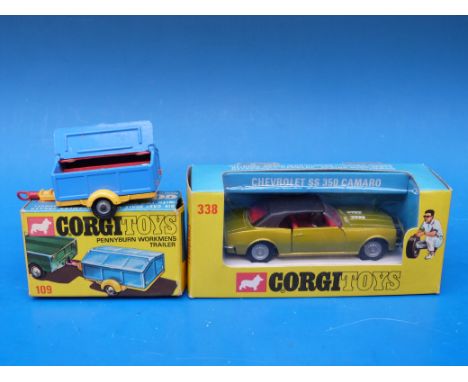 Two Corgi Toys diecast model vehicles Chevrolet SS 350 Camaro 338 and Pennyburn Workmens trailer 109 both in original boxes