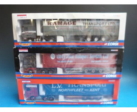 Three Corgi Hauliers of Renown 1:50 scale diecast model lorries Ramage cc13217, L.V. Transport cc13227 and Gerry Jones Transp