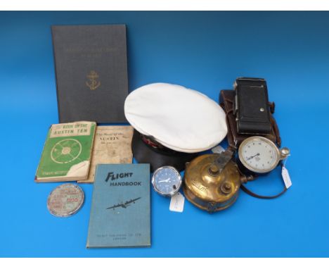 A vintage Smiths car clock, travelling optimus stove, flight handbook (second edition), Jaeger clock, camera etc 