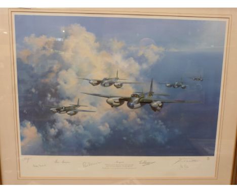 Frank Wootton limited edition colour print 'Mosquito' signed in pencil by the artist and six WWII pilots, G. Farlny Nare, Pad