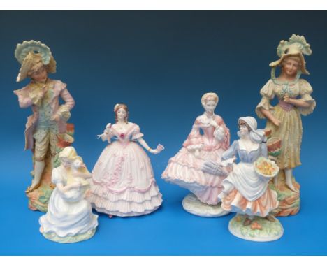 Three Royal Worcester limited edition figures The Masquerade Begins, 1855 The Crinoline, Rose Picking Apples, together with a