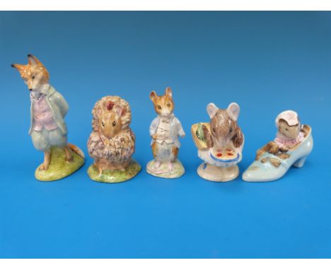 Five Beswick Beatrix Potter figures, "Foxy Whiskered Gentleman", "The Old Woman Who Lived in a Shoe", "Appley Dapply", "Thoma