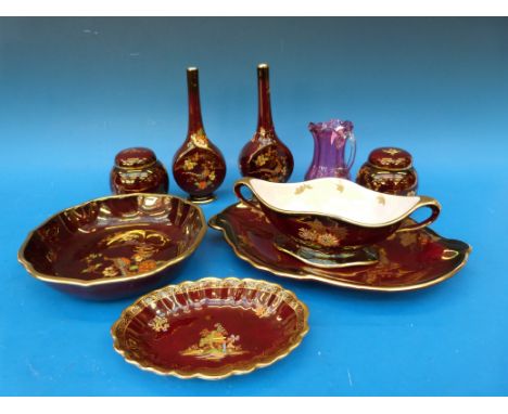 A quantity of Carltonware and Crown Devon red lustre ware china, together with a cranberry jug