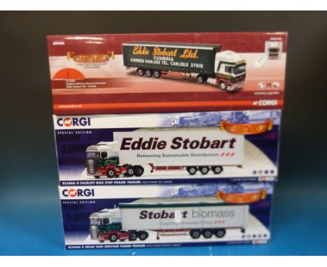 Three Corgi Hauliers of Renown limited edition 1:50 scale diecast model lorries, Eddie Stobart cc13754, Stobart Biomass cc137