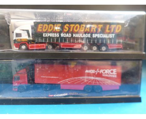 Three Corgi 1:50 scale diecast model lorries Eddie Stobart 75201, Richard Read 75203 and Parcel Force 75501 all in original b