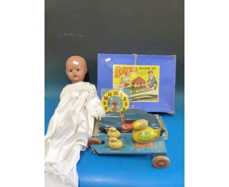 A Bayko building set together with a Tri-ang Rolls Royce, doll etc