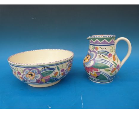 A Poole Pottery hand-decorated jug and bowl, impressed mark to base Poole England