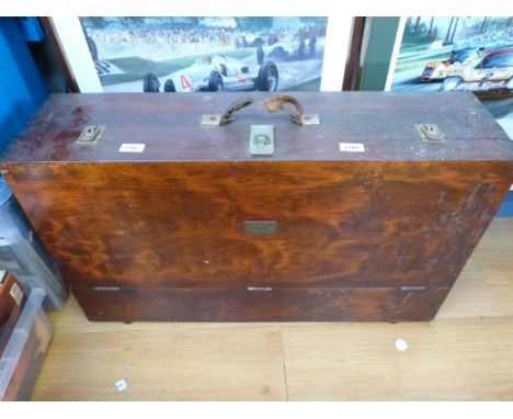 A vintage wooden tool chest with two drawers to the interior and various vintage tools