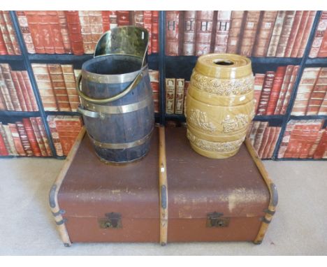 A vintage travelling trunk, a stoneware water filter or dispenser with Royal cipher to front and a coopered coal scuttle