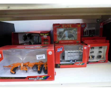 Eleven Britain's diecast model farm vehicles including Big Farm Massey Ferguson 6480 tractor, Land Rovers etc all in original
