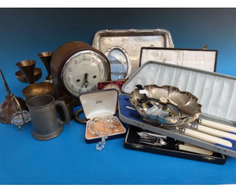 A collection of treen and metal ware to include Smiths mantel clock etc