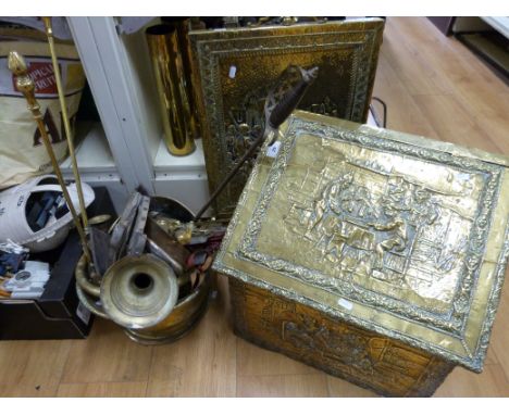 A large collection of metalware including brass coal scuttle, embossed box, firescreen companion set 
