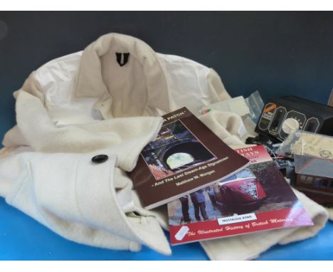A white felt high visibility railway tunnel coat together with 1934 GWR book "Cheltenham Flyer" and "The Worcester Patch" rel