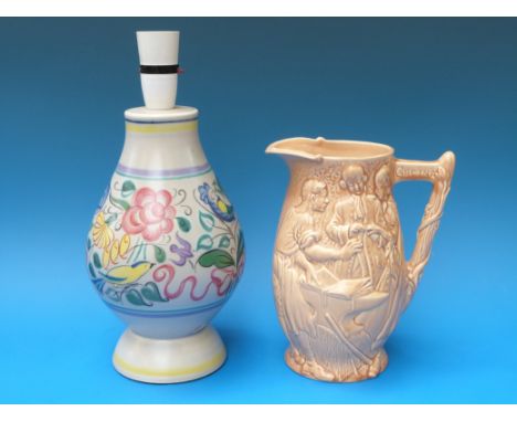 A retro Poole pottery lamp, initialled EN/LB to base, shape no. 673A and a 'Runaway Marriage' Burleighware jug