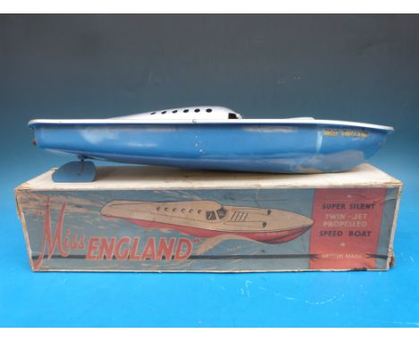 A boxed 'Miss England' steam propelled speed boat with coiled pipe engine and meths firing