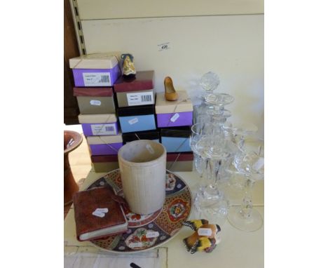 A collection of boxed 'Just the Right Shoe' collectables together with hock glasses, two decanters and a Royal Worcester gold