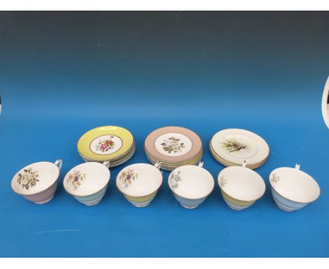 A Royal Worcester six-piece bone china harlequin set and three additional plates depicting birds, hand-painted and signed Pow