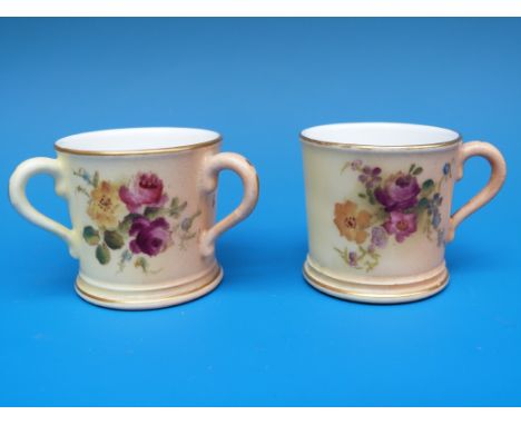 A miniature Royal Worcester blush ivory tyg and a miniature Royal Worcester blush ivory cup