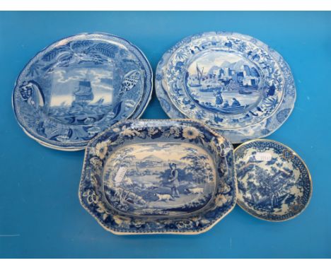 A good selection of 19thC blue and white ceramics including a game keeper dish, sailing ship plate and a Caughley 18thC chino