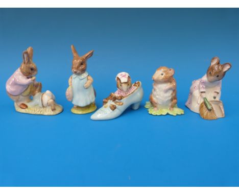 Five Beswick Beatrix Potter figures, "The Old Woman Who Lived in a Shoe", "Timmy Willie", "Mrs Flopsy Bunny", "Mr Benjamin Bu