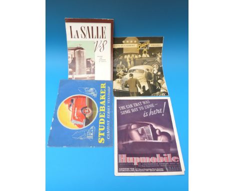 A 1935 Buick 8 leaflet, La Salle V8 leaflet, Hupmobile advert and a Studebaker commercials leaflet 