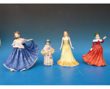 Four Royal Doulton figurines Elaine (HN4718),  Winter's Day (HN4589), October Opal and Romany Sue