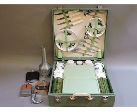 A vintage Brexton picnic hamper, three hip flasks, a Norwegian pewter vase, and a small pewter horn