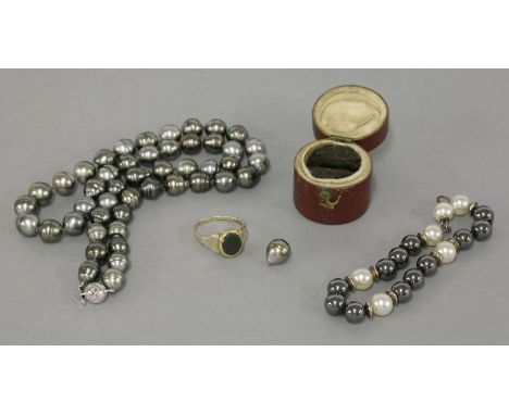 A single row cultured freshwater pearl necklace, with gold plated faceted ball clasp, a haematite and simulated pearl bracele