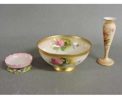 Royal Worcester items, comprising fruit bowl by Millie Hunt, a blush ground vase, and a lotus leaf dish