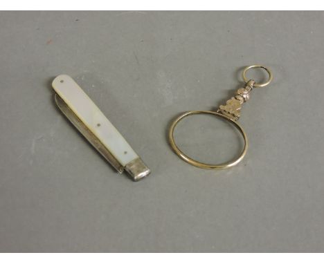 A silver and mother of pearl fruit knife, and a single lorgnette