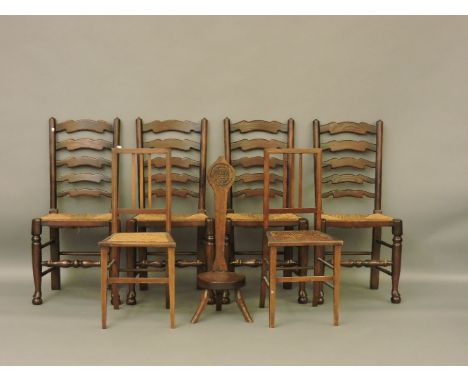 Two small Edwardian chairs, a spinner's chair, and four ladder back chairs