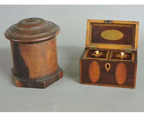 A 19th century fruitwood string box and cover, and a George III tea caddy with compartment