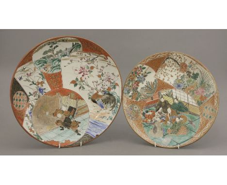 Two Kutani earthenware dishes, first half of the 19th century, each enamelled and gilt with overlapping panels of wildlife, f