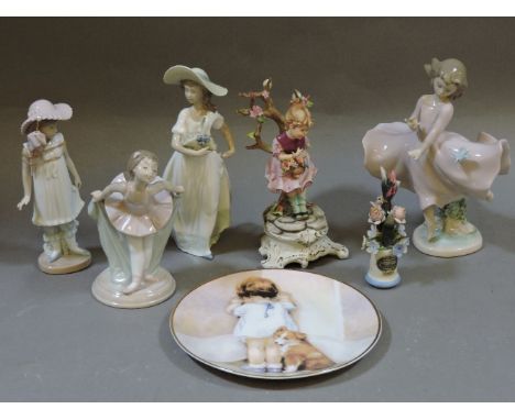 A Lladro figure, 'The Joy of Life', three Nao figures, a Capodimonte figure, and a plate