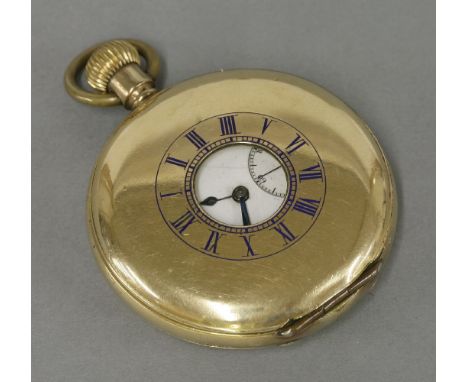 A rolled gold Schierwater & Lloyd of Liverpool half hunter pocket watch, white enamel dial with Roman numerals and subsidiary