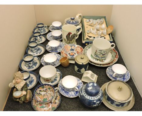 Six blue and white tea cups and saucers, a biscuit porcelain Pears Soap figure, damaged, a boxed doll's tea service, etc