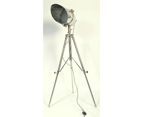 A stunning large contemporary industrial chrome floor standing lamp comprising of an oversized theatre / search / cinema ligh