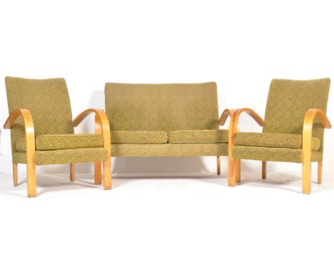 A 1940's British made Art Deco beech bentwood frame sofa suite comprising of a two seat sofa settee and two armchairs. Each h