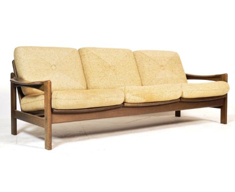 A fantastic 1960's retro vintage stained beech three seat sofa settee , the frame a solid beech wood and having propeller arm