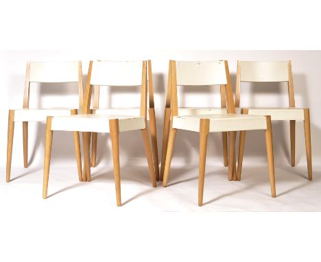 Habitat - A set of 6 x retro vintage beech wood rail back dining chairs having a beech frame with original white card back an