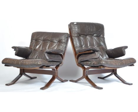 A pair of Danish Nordic retro vintage stained beech bentwood easy / lounge / sling chair / armchairs . The chairs being a ' H