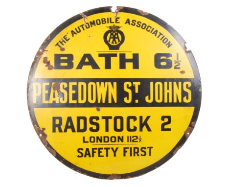 AA - The Automobile Association - An incredibly rare vintage pre-war circular porcelain enamel road sign for ' Peasedown St J