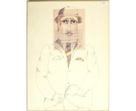 A late 20th century retro vintage A/P Artist Proof print depicting a gentleman with a news article super imposed to his head 