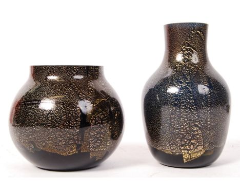 Believed Micheal Harris and William Walker - Isle Of Wight - Azurene Black - Two 1970's retro vintage studio art glass vases 