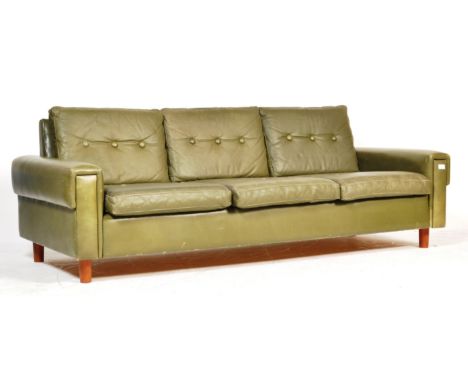 A 20th century Danish retro vintage moss green leather three seat sofa settee with three cushions to seat and backrest , all 