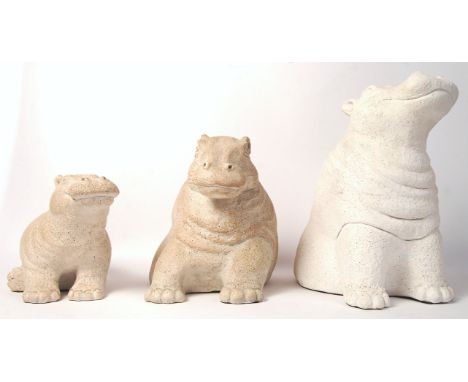 Paul Bellardo - Austin Sculptures - A collection of three 1980's ceramic stone hippopotami sculptures of graduating size in s