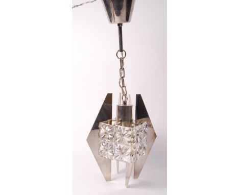 A believed J.T. Kalmar 1960's retro vintage glass and chrome pendant / chandelier ceiling light fixture having faceted glass 